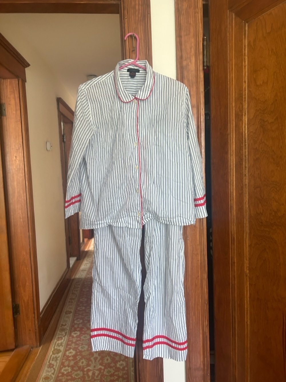 J. Crew Blue and White Striped Pajama Set with Red Trim